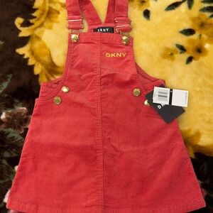 DKNY Red Corduroy Pinafore Dress with Gold Hardware
